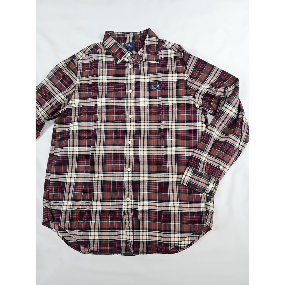 Ralph Lauren Polo Button Shirt Boys XL 18-20 Cotton Burgundy Plaid‎